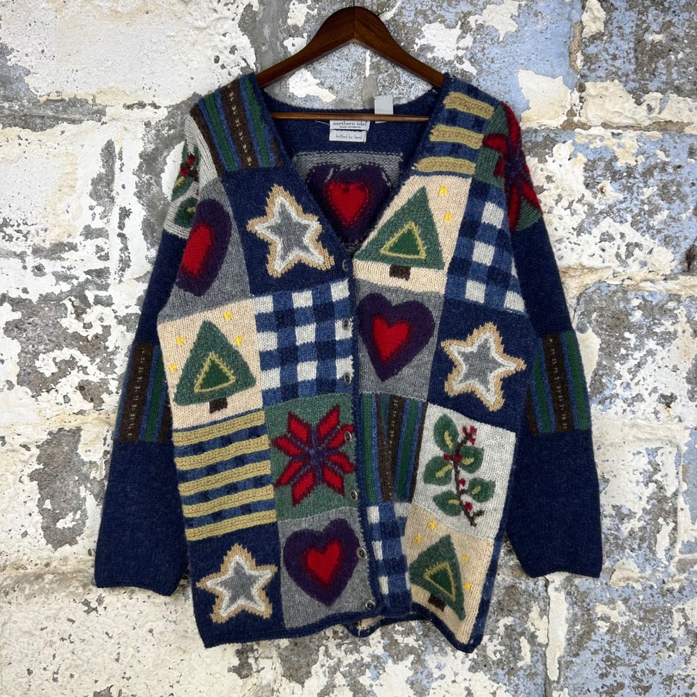 Northern Isles Cardigan Blue 100% Wool Patchwork Holiday Heart Sweater Women M